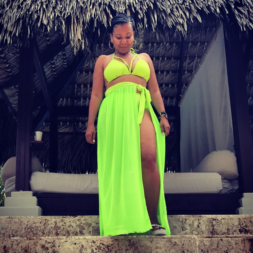 Bikini with matching sheer skirt cover up